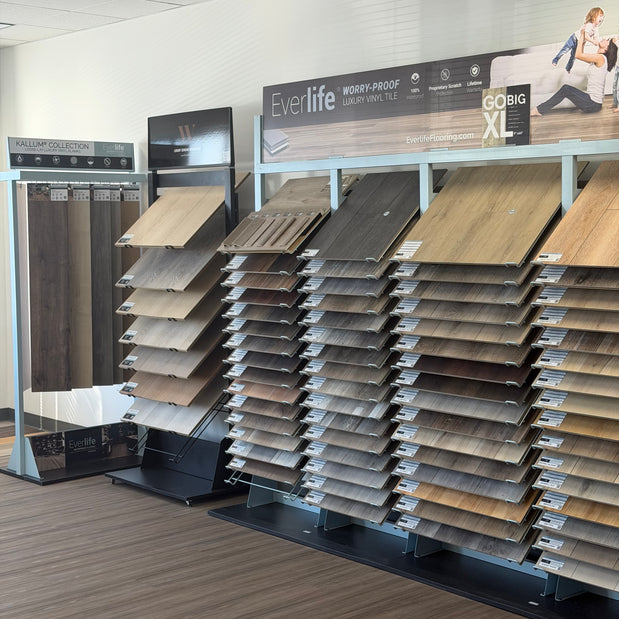 MSI and Everlife luxury vinyl flooring samples on display at Floorstock near Milwaukee