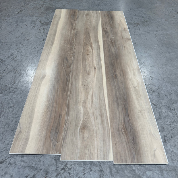 Toucan SPC Flooring 508 - 6MM - Three planks showing warm greige-taupe oak grain with flowing cathedral lines and subtle knots