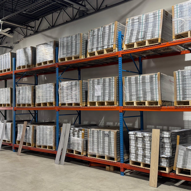 Flooring pallets in stock at the Floorstock warehouse in Franklin, near Milwaukee WI